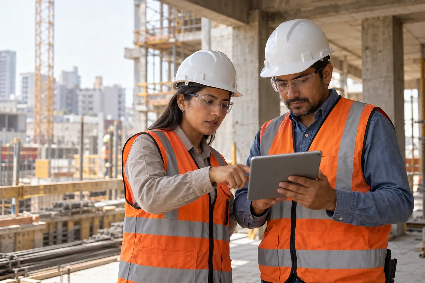 Gerencia y un residente revisan información en una tablet dentro de una obra.