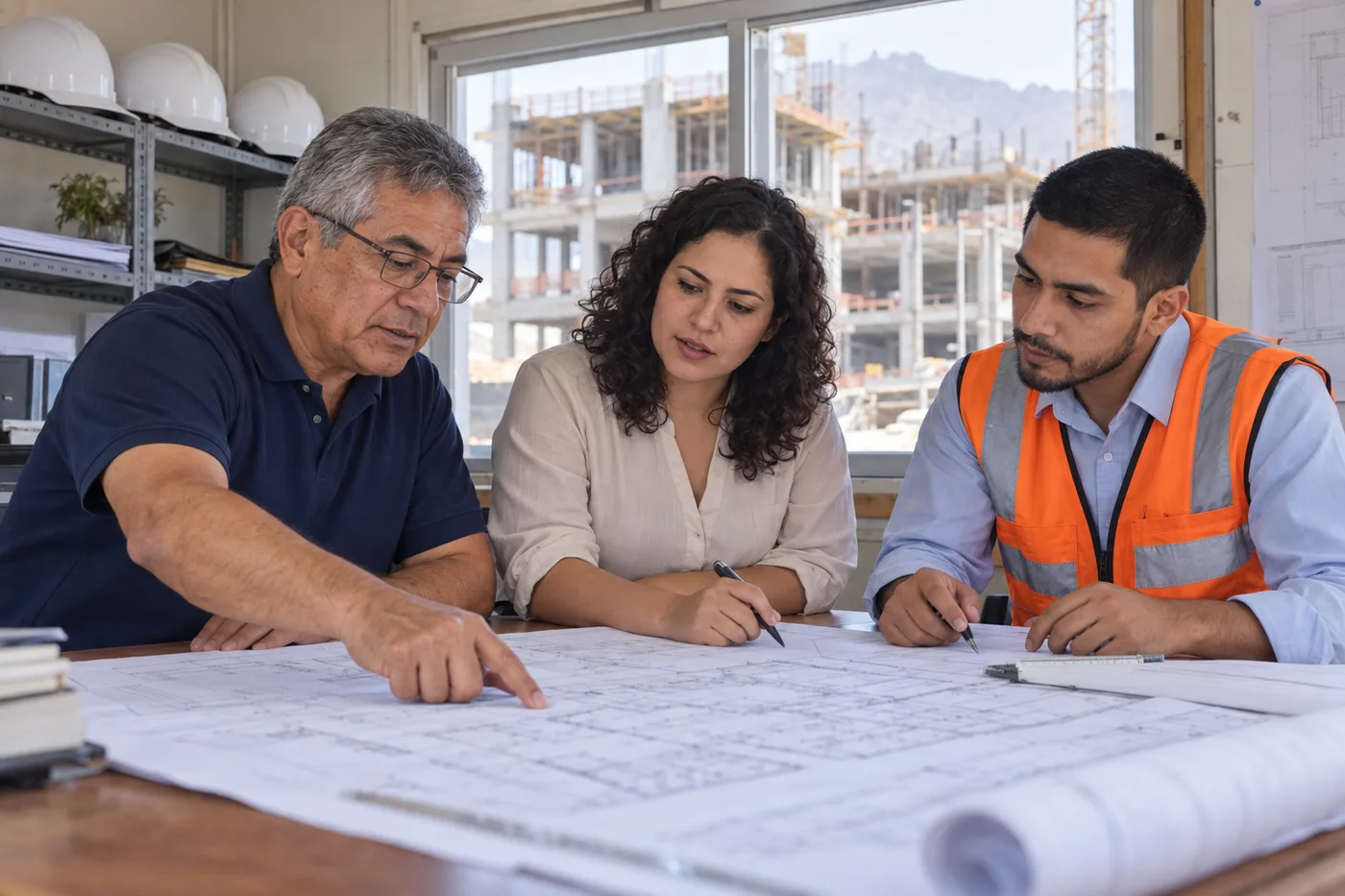 Director, responsable de compras y residente coordinan sobre planos en la oficina de obra.
